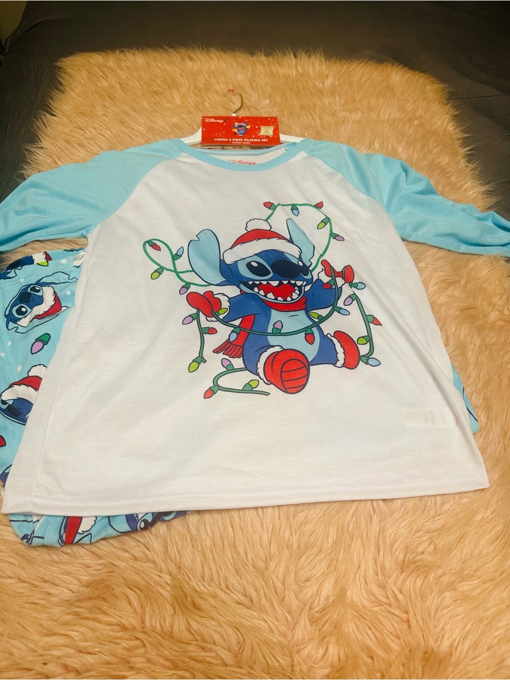 Disney Stitch Holiday Raglan Pajama Top and bottom- Light Blue & White
